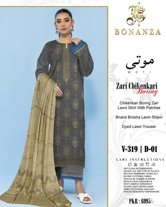 BONANZA LAWN EMBROIDERED |3 PIECE| with BANARSI shawl
