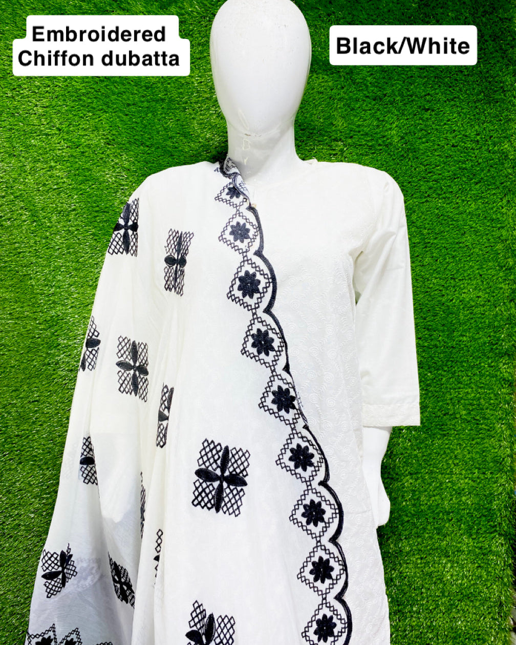 White embroidered chiffon dupatta on a mannequin against a green background