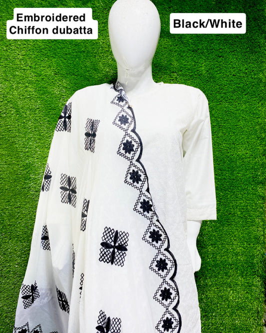 White embroidered chiffon dupatta on a mannequin against a green background