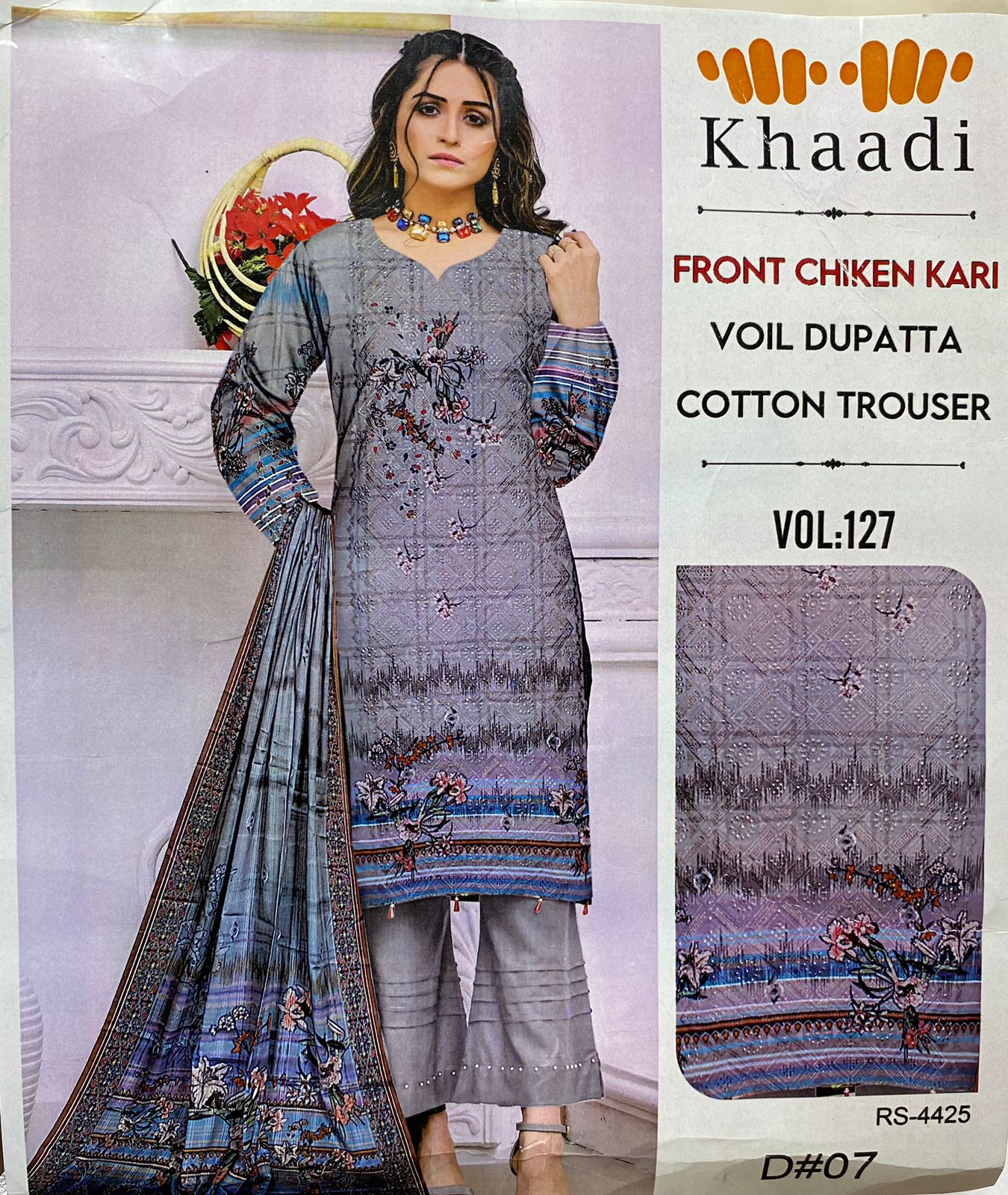KHADI .  EMBROIDERED 3 PIECE WITH VOIL DUBATTA